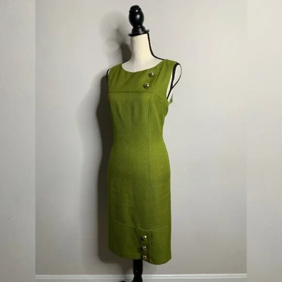 David Meister Olive Green Button Detail Sheath Dress - Picture 4 of 14